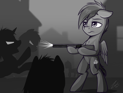 Size: 2216x1671 | Tagged: safe, artist:deltauraart, rainbow dash, pegasus, pony, zombie, g4, bipedal, female, gun, hoof hold, mare, monochrome, shotgun, weapon