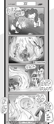 Size: 1451x3300 | Tagged: safe, artist:loreto-arts, pinkie pie, princess ember, princess flurry heart, spike, starlight glimmer, twilight sparkle, alicorn, dragon, pony, comic:friendship is innuendo, g4, bloodstone scepter, changeling horn, comic, fire, fuck this shit i'm out, horn, magic, monochrome, nope, scepter, twilight scepter, twilight sparkle (alicorn), winged spike, wings