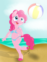 Size: 1024x1365 | Tagged: safe, artist:roxenmaratoun, pinkie pie, earth pony, anthro, plantigrade anthro, g4, beach, beach ball, bikini, clothes, female, solo, swimsuit