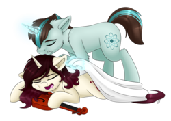 Size: 1024x725 | Tagged: safe, artist:whitehershey, oc, oc only, pony, unicorn, blanket, duo, female, glowing horn, horn, male, mare, simple background, sleeping, stallion, transparent background