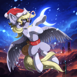 Size: 1280x1280 | Tagged: dead source, safe, artist:hioshiru, derpy hooves, pegasus, pony, g4, building, candy, candy cane, christmas, city, derpfest, female, food, future, hat, holiday, mare, moon, night, santa hat, skyscraper, solo, sunglasses