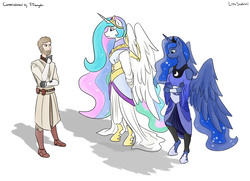 Size: 3977x2873 | Tagged: safe, artist:littlesnaketail, princess celestia, princess luna, human, anthro, unguligrade anthro, fanfic:my little kenobi, g4, crossover, fanfic, fanfic art, high res, human male, male, obi-wan kenobi, simple background, star wars, white background