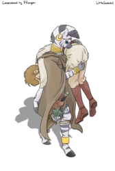 Size: 2883x4290 | Tagged: safe, artist:littlesnaketail, zecora, human, anthro, unguligrade anthro, fanfic:my little kenobi, g4, carrying, cloak, clothes, crossover, fanfic, fanfic art, high res, male, obi-wan kenobi, simple background, star wars, white background