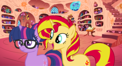 Size: 2568x1384 | Tagged: safe, artist:icetama, sci-twi, sunset shimmer, twilight sparkle, pony, unicorn, equestria girls, g4, base used, book, bookshelf, equestria girls ponified, female, golden oaks library, lesbian, ponified, ship:sci-twishimmer, ship:sunsetsparkle, shipping, staircase, stairs, unicorn sci-twi