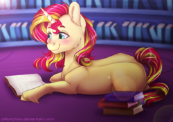 Size: 4092x2893 | Tagged: safe, artist:pillonchou, sunset shimmer, pony, unicorn, blushing, book, cute, female, high res, library, mare, missing cutie mark, prone, reading, shimmerbetes, sitting, smiling, solo, twilight's castle, unshorn fetlocks