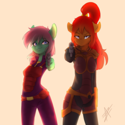 Size: 1600x1600 | Tagged: safe, artist:myralilth, oc, oc only, anthro, anthro oc, duo, duo female, female, gun, looking at you, mare, smiling, weapon