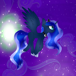 Size: 894x894 | Tagged: safe, artist:electricsparkyt, artist:moonpiecookielover, princess luna, alicorn, pony, g4, collaboration, female, flying, mare, missing cutie mark, night, smiling, solo