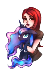 Size: 4500x6023 | Tagged: safe, artist:lunawally, princess luna, oc, alicorn, human, pony, g4, absurd resolution, cute, holding a pony, looking at you, looking up, lunabetes, smiling