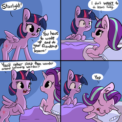 Size: 3300x3300 | Tagged: safe, artist:tjpones, starlight glimmer, twilight sparkle, alicorn, pony, unicorn, g4, bed, chest fluff, comic, dialogue, duo, duo female, ear fluff, female, high res, looking at each other, loss (meme), loss edit, mare, open mouth, slice of life, speech bubble, twilight sparkle (alicorn), yep