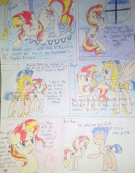 Size: 1722x2205 | Tagged: safe, artist:askflashshimmer, flash sentry, sunset shimmer, pony, g4, comic, female, male, ship:flashimmer, shipping, straight, traditional art