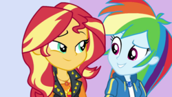 Size: 1280x720 | Tagged: safe, screencap, rainbow dash, sunset shimmer, a fine line, equestria girls, equestria girls series, g4, clothes, duo, female, geode of empathy, geode of super speed, looking at each other, magical geodes, smiling