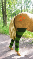 Size: 576x1024 | Tagged: safe, applejack, horse, g4, butt, clothes, hoers, irl, irl horse, leg warmers, outdoors, photo, photoshop, plot, recolored hoers, socks, striped socks