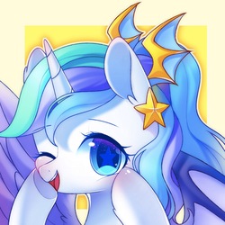 Size: 1500x1500 | Tagged: safe, artist:leafywind, oc, oc only, alicorn, pony, abstract background, alicorn oc, female, hair ornament, mare, one eye closed, solo, starry eyes, wingding eyes