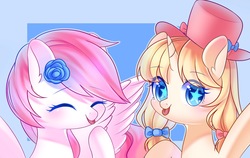 Size: 1900x1200 | Tagged: safe, artist:leafywind, oc, oc only, pegasus, pony, unicorn, abstract background, duo, female, hat, mare, starry eyes, tongue out, wingding eyes