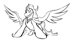 Size: 1499x877 | Tagged: safe, artist:alixnight, pony of shadows, pony, g4, shadow play, adorabolical, black and white, cute, grayscale, ink sketch, male, monochrome, shadorable, simple background, smiling, solo, spread wings, white background, wings