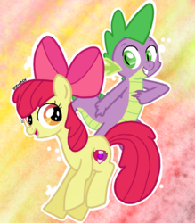 Size: 949x1083 | Tagged: safe, artist:dsfranch, apple bloom, spike, dragon, earth pony, pony, g4, bow, duo, female, filly, hair bow, male, pointing, ship:spikebloom, shipping, straight