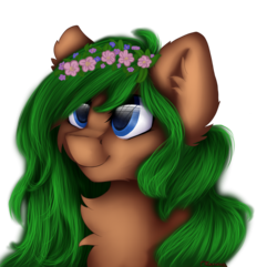 Size: 1600x1545 | Tagged: safe, artist:czywko, oc, oc only, blue eyes, bust, female, floral head wreath, flower, green hair, mare, portrait, smiling, solo, speedpaint, ych result