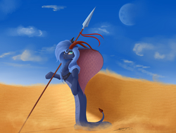 Size: 4000x3000 | Tagged: safe, artist:skitsroom, princess luna, lamia, original species, snake, g4, desert, female, high res, sand, solo, spear, species swap, weapon