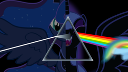 Size: 1920x1080 | Tagged: safe, artist:sofunnyguy, derpibooru exclusive, edit, nightmare moon, princess luna, rainbow dash, pony, g4, album cover, album parody, female, hipgnosis, implied insanity, pink floyd, ponified, ponified album cover, rainbow, rock (music), the dark side of the moon, triangle, two sides, wallpaper