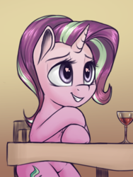 Size: 910x1209 | Tagged: safe, artist:deltauraart, edit, starlight glimmer, pony, unicorn, g4, alcohol, chair, chest fluff, cropped, date, female, glass, heart eyes, mare, sitting, smiling, solo, table, wine, wine glass, wingding eyes