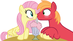 Size: 775x439 | Tagged: safe, artist:mlpfimlover97, big macintosh, fluttershy, earth pony, pony, g4, blushing, boop, female, looking at each other, male, mare, milkshake, noseboop, sharing a drink, ship:fluttermac, shipping, stallion, straight, straw