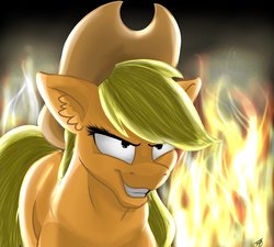 Size: 1280x1152 | Tagged: safe, artist:tillie-tmb, applejack, earth pony, pony, g4, challenge accepted, evil grin, female, fire, grin, hat, kubrick stare, mare, slasher smile, smiling, solo