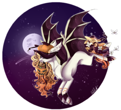 Size: 1348x1225 | Tagged: safe, artist:holoriot, oc, oc only, bat pony, female, flower, flying, halloween, hat, holiday, mare, moon, night, solo