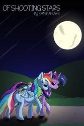 Size: 3201x4800 | Tagged: safe, artist:kamikakushi, rainbow dash, twilight sparkle, oc, oc:morning light, alicorn, pony, fanfic:of shooting stars, g4, bedroom eyes, fanfic, fanfic art, fanfic cover, female, filly, lesbian, magical lesbian spawn, mare, moon, night, offspring, parent:rainbow dash, parent:twilight sparkle, parents:twidash, ship:twidash, shipping, shooting star, trio, twilight sparkle (alicorn)
