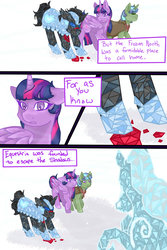 Size: 1024x1536 | Tagged: safe, artist:jeyjeymohr, clover the clever, twilight sparkle, alicorn, pony, unicorn, windigo, comic:crownless, g4, armor, comic, crystal, crystal guard, crystal guard armor, rearing, sculpture, traditional art, twilight sparkle (alicorn)