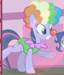 Size: 523x606 | Tagged: safe, screencap, spike, twilight sparkle, dragon, pony, g4, season 1, the ticket master, clothes, clown, clown nose, clown wig, costume, cropped, leotard, outfit, outfit catalog, red nose, twily the clown, wig