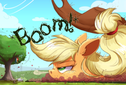 Size: 2500x1704 | Tagged: safe, artist:ncmares, part of a set, applejack, rainbow dash, earth pony, pegasus, pony, apple, apple tree, big-apple-pony, cheek fluff, cowboy hat, crash, descriptive noise, ear fluff, faceplant, falling, female, floppy ears, food, freckles, giant pony, glare, grass field, hat, macro, mare, nose wrinkle, pillow, pomf, prone, puffy cheeks, scenery, snorting, so done, solo focus, stetson, tail, tree, unamused