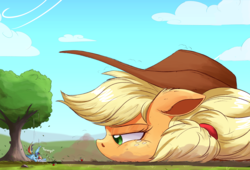 Size: 2500x1704 | Tagged: safe, artist:ncmares, part of a set, applejack, rainbow dash, pony, g4, big-apple-pony, bored, descriptive noise, faceplant, floppy ears, giant pony, macro, prone, size difference, tree, unamused