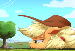 Size: 2500x1704 | Tagged: safe, artist:ncmares, part of a set, applejack, rainbow dash, earth pony, pegasus, pony, g4, :p, apple, big-apple-pony, bored, cowboy hat, cute, dialogue, eating, floppy ears, food, freckles, frown, fruit, giant pony, glare, hat, herbivore, licking, macro, nose wrinkle, prone, scrunchy face, silly, size difference, tongue out, tree, unamused
