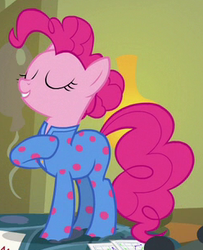 Size: 248x306 | Tagged: safe, screencap, pinkie pie, earth pony, pony, g4, rock solid friendship, clothes, cropped, female, footed sleeper, mare, onesie, outfit, outfit catalog, pajamas, pie sisters pajamas, solo