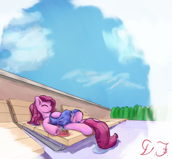 Size: 2088x1930 | Tagged: safe, artist:velvet frame, pinkie pie, earth pony, pony, g4, alcohol, beach chair, calm, chair, cloud, drink, ear fluff, eyes closed, female, happy, hooves, lying down, on back, peaceful, relaxing, sky, smiling, solo, towel, water, wet mane