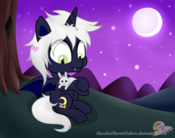 Size: 6337x4986 | Tagged: safe, artist:raspberrystudios, oc, oc only, bat pony, absurd resolution, bunny plushie, chibi, messy mane, moon, night, night sky, plushie, sitting, sky, stars, tree