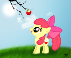 Size: 3500x2837 | Tagged: safe, artist:ardas91, apple bloom, earth pony, pony, g4, adorabloom, alternate cutie mark, apple, cloud, cute, female, filly, food, high res, solo, sun, tree branch