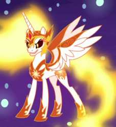 Size: 500x550 | Tagged: safe, screencap, daybreaker, alicorn, pony, a royal problem, g4, armor, female, grin, mare, smiling, solo, spread wings, wings