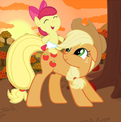 Size: 798x800 | Tagged: safe, artist:beavernator, apple bloom, applejack, earth pony, pony, g4, adorabloom, apple bloom riding applejack, baby, baby apple bloom, baby pony, cute, female, foal, orchard, ponies riding ponies, riding, sisters, tree