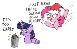 Size: 1239x799 | Tagged: dead source, safe, artist:faience, pinkie pie, twilight sparkle, alicorn, earth pony, pony, g4, christmas, female, hat, holiday, mare, pumpkin, santa hat, simple background, trash can, twilight sparkle (alicorn), white background