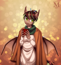 Size: 1127x1200 | Tagged: safe, artist:margony, oc, oc only, oc:cocoa dot, bat pony, anthro, bat pony oc, clothes, coffee, female, mare, solo