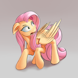 Size: 1822x1822 | Tagged: safe, artist:draconidsmxz, fluttershy, pegasus, pony, g4, ears back, female, looking at something, looking back, open mouth, scared, solo, wide eyes, wings