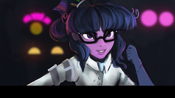 Size: 1920x1080 | Tagged: safe, artist:hierozaki, sci-twi, twilight sparkle, equestria girls, g4, mad twience, my little pony equestria girls: summertime shorts, ambitious, clothes, determined, female, glasses, gloves, hair bun, lab coat, solo