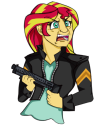 Size: 587x763 | Tagged: safe, artist:charles-farrow, sunset shimmer, equestria girls, g4, my little pony equestria girls: friendship games, clothes, dress, gun, jacket, weapon