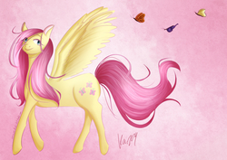 Size: 1280x904 | Tagged: safe, artist:mister-pierrot, fluttershy, butterfly, pegasus, pony, g4, female, looking at you, mare, smiling, solo, spread wings, wings
