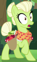 Size: 455x765 | Tagged: safe, screencap, granny smith, earth pony, pony, g4, the perfect pear, apple, cropped, female, food, mare, raised hoof, saddle bag, shocked, solo, young granny smith, younger