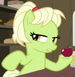 Size: 720x742 | Tagged: safe, screencap, granny smith, earth pony, pony, g4, the perfect pear, adorasmith, apple, cropped, cute, female, food, madorable, solo, young granny smith, younger