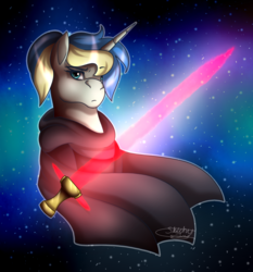 Size: 1024x1097 | Tagged: safe, artist:sketchthebluepegasus, oc, oc only, oc:wren, pony, unicorn, bust, cloak, clothes, female, lightsaber, mare, portrait, solo, space, star wars, weapon