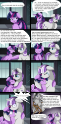 Size: 2280x4631 | Tagged: safe, artist:pridark, part of a set, twilight sparkle, twilight velvet, oc, alicorn, pony, unicorn, comic:not again, g4, chair, comic, commission, crying, dialogue, director, director's chair, female, mare, mother and daughter, preglight velvet, pregnant, pregvelvet, sad, speech bubble, tears of joy, twilight sparkle (alicorn), window