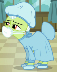 Size: 367x460 | Tagged: safe, screencap, granny smith, g4, where the apple lies, cropped, female, hair net, hospital gown, mask, solo, surgical mask